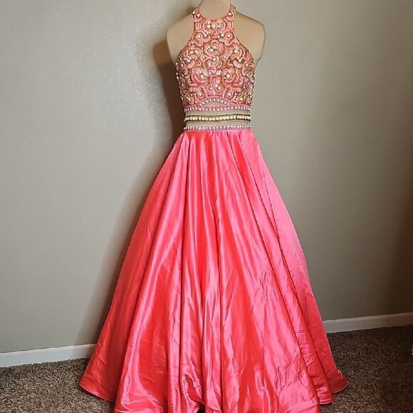 NWT Rachel Allan Neon Coral Beaded Halter A Line Backless Formal Gown 8 - Picture 1 of 15